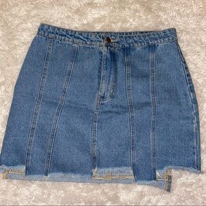 Honey Punch retro patchwork jean skirt